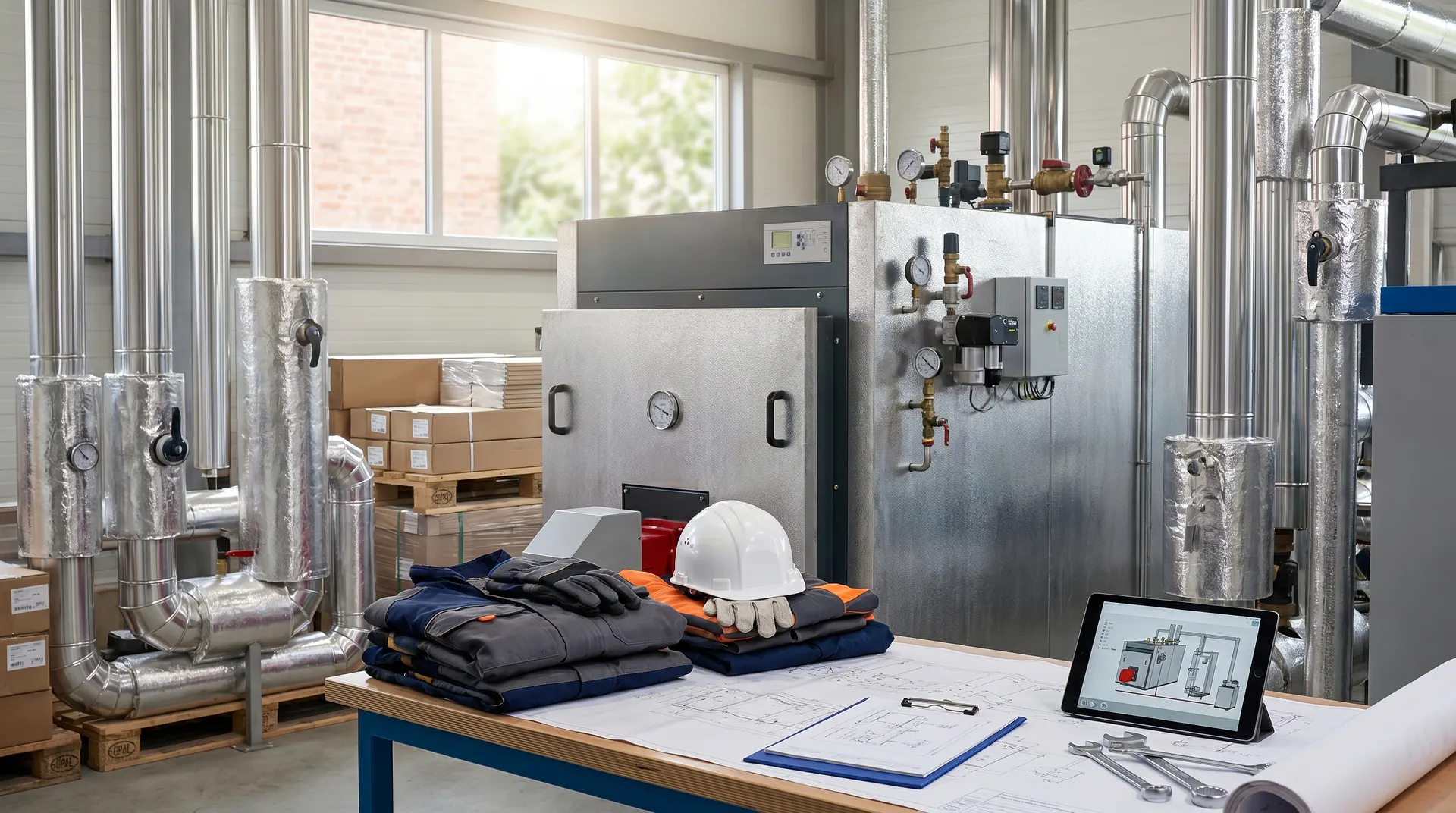 Industriell värmepumpsinstallation med säkerhetsutrustning och ritningar på arbetsbord.